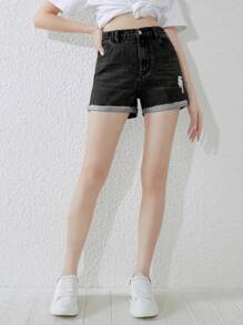 SHEIN Teen Girl Elastic Waist Distressed Denim Shorts With Pockets And Rolled Hem, Casual