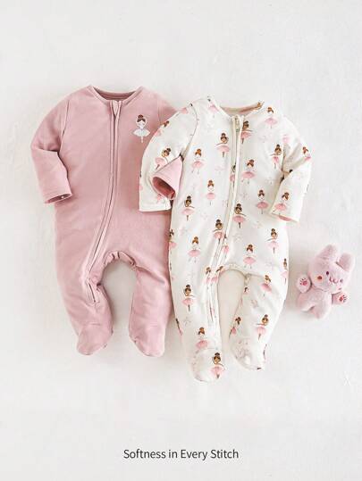 Cozy Pixies Set de 2 piezas de pelele suave de manga larga con cuello redondo y patrón de ballet, para bebé recién nacida