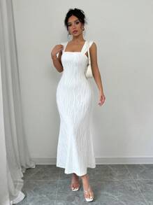 Rafferiza Đầm Maxi hở lưng viền đuôi cá màu trơn mùa hè cho nữ - trắng - Xem 6