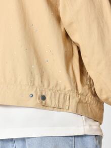 SUMWON Jachetă de lucru vintage din denim, efect de stropi de vopsea, guler contrastant, streetwear, casual, primăvară-toamnă, îmbrăcăminte de exterior, modă de zi cu zi, croială clasică - Kaki - Vizualizare 4