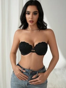 Simple & Sexy Lace Spliced Front Closure Strapless Bra Lingerie - Black - View 5