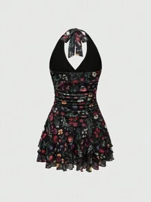 ROMWE Vestido de playa con estampado completo, con cuello de halter, espalda descubierta y fruncido, casual para vacaciones para mujer