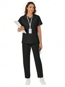 2pcs/Set Dropped Shoulder Solid Color Simple Short Sleeve Top & Pants Scrub Set Spring Black - Black - View 5