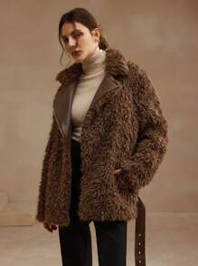 Anewsta Fluffy Jacket For Women With Leather Patchwork And Fluffy Surface - Brown - View 3