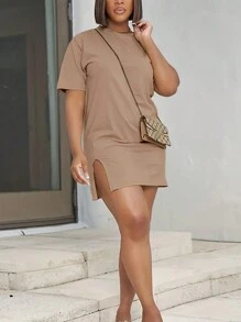 SHEIN Slayr Plus Size Nữ Mùa Hè Màu Trơn Cổ Tròn Tay Ngắn Bên Khe Viền Trang Phục Thường Ngày - Màu nâu  Mocha - Xem 1