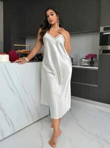 SilkySpell Camisola de seda con cuello en V y parches de encaje, espalda abierta, vestido largo para tallas grandes