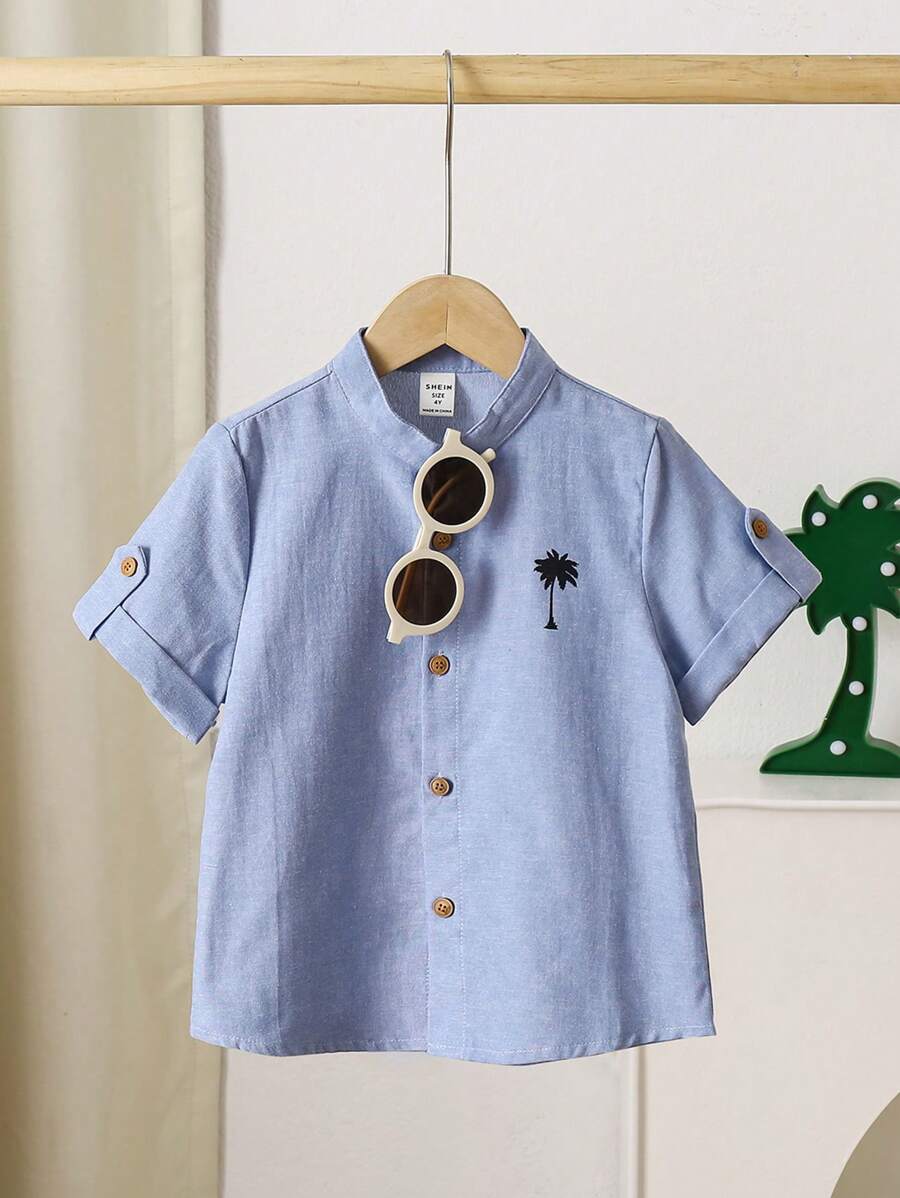 SHEIN 男孩椰樹印花卷翻袖襯衫