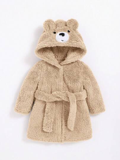 SHEIN Nowo narodzony chłopczyk słodki, haftowany miś, pogrubiony szlafrok z uszami 3D i wciętą talią