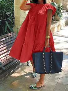 Slaydiva Plus Size Loose Solid Blue Casual & Beach Layered Ruffle Trim Short Dress For Women, Spring Summer - Red - View 1