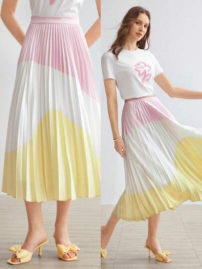 MOTF PREMIUM WOVEN WOMEN'S COLORBLOCK PLEATED SKIRT,VALENTINE'S DAY,SUMMER OUTFITS