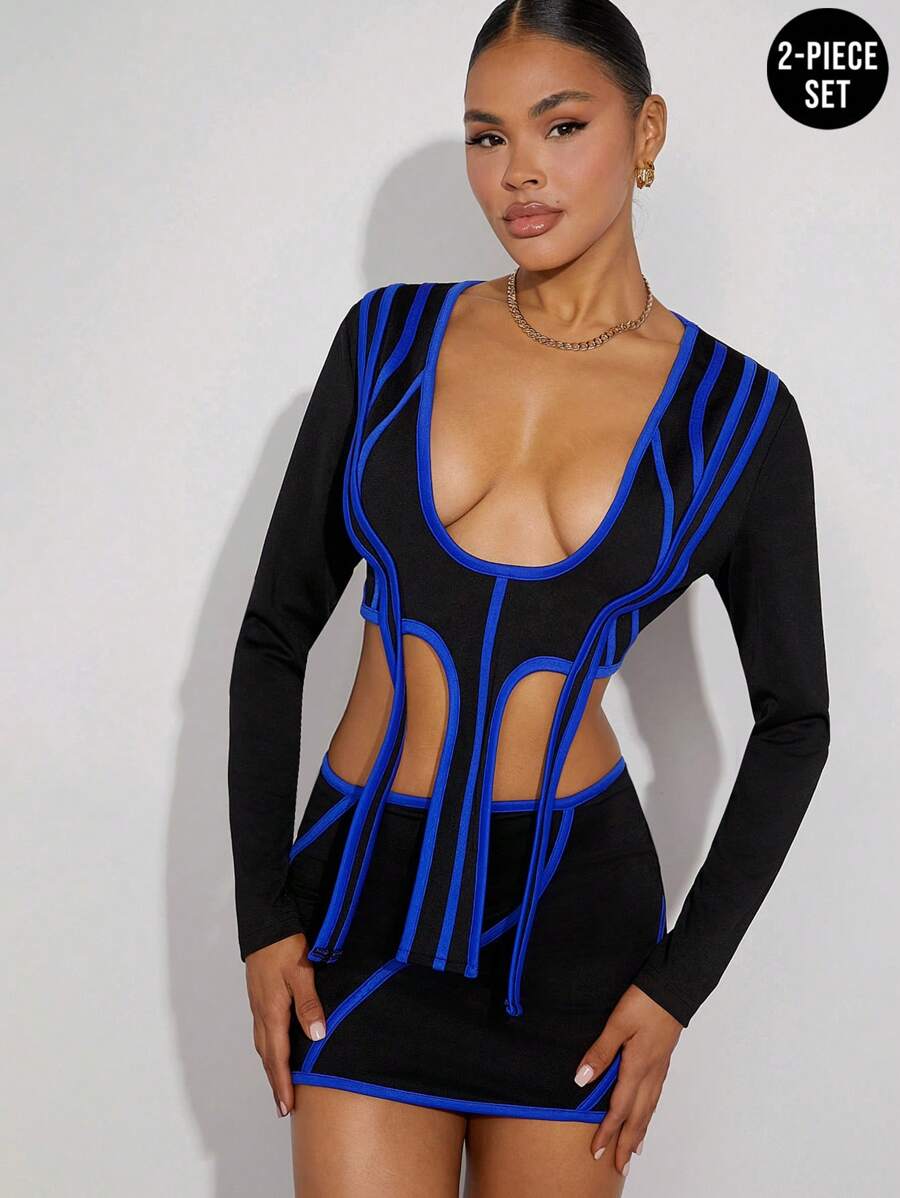 Hauture Contrast Binding Top & Skirt Two Pieces Set - Multicolor - View 1
