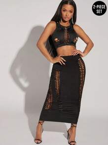 Hauture 扭纹激光切割上衣和裙子两件套 - 黑色 - 查看 1