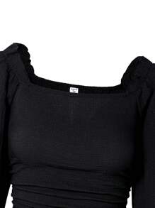 SHEIN Teenage Girls' Urban Chic  Ruffle Collar Puff Sleeve Blouse, Wrinkle Textured Soft Material - Black - View 5