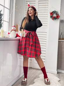 SHEIN Essnce Plus Tartan Print Belted Dress - Multicolor - View 5