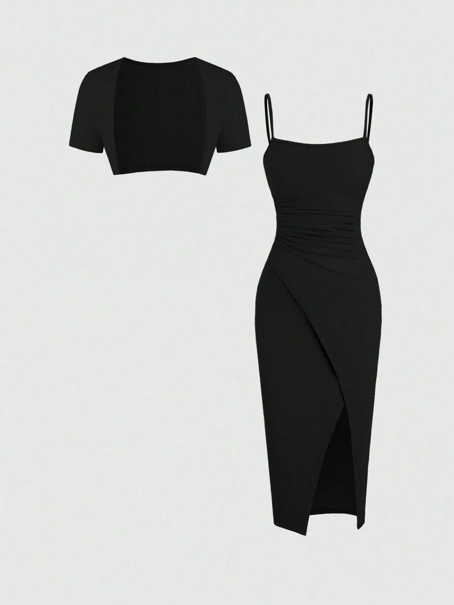 Sweetra 2 件套女士纯色短袖夹克和荷叶边开衩下摆吊带背心连衣裙套装，夏季