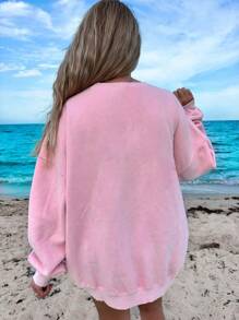 SHEIN EZwear 休闲宽松简约字母印花圆领长袖大码女式运动衫，秋冬 - 粉色 - 查看 3