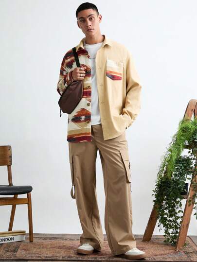 Manfinity VCAY قميص كاجوال فضفاض مرقع بأكمام طويلة للرجال، قميص شاكيت للخريف والشتاء