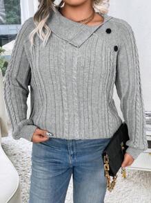 Calvaya Große Größen Lässig einfarbiger asymmetrischer Kragen Pullover, Strick Pullover für Frühling & Herbst, Herbst Winter - Hellgrau - Übersicht 4