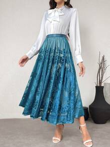 Modelyn 女士高腰花卉刺绣网眼长款优雅半身裙 - 水鴨藍 - 查看 3