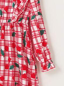 SHEIN Girls' (Big) Casual Sweet Cherry Plaid Ruffle Collar Long Sleeve Dress With Hat, Ideal For Vacation