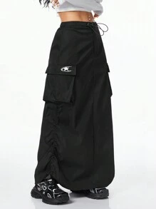 Muchica Girls Essentials Daily Wear Cargo Drawstring Maxi Skirts - Black - View 6