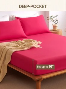 3pcs Solid Deep Pink Fitted Sheet Set, Made Of Microfiber Fabric, Includes 1 Fitted Sheet And 2 Pillow Shams (Pillow Insert Not Included), Modern Soft Bedding Set, Suitable For Home, Dorm, Back To School, Deep Pocket Design Fits Up To 16-Inch Mattress