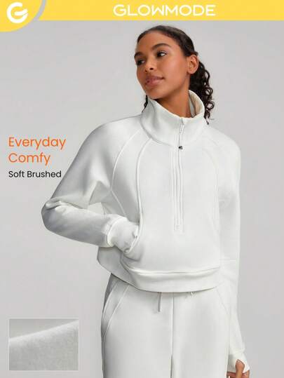GLOWMODE 純棉混紡極柔毛圈半拉鍊口袋運動衫,拇指孔保暖舒適