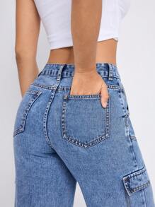 SHEIN EZwear 帶袋側邊貨褲牛仔褲 - 藍色 - 查看 5