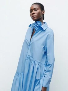 Maija 女士蓝色 3D 花卉可拆卸褶饰不对称 A 字形连衣裙 - 藍色 - 查看 3