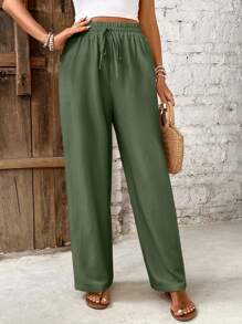 SHEIN Frenchy Women Solid Color Waist Tie Loose Straight Leg Casual Pants - Green - View 3