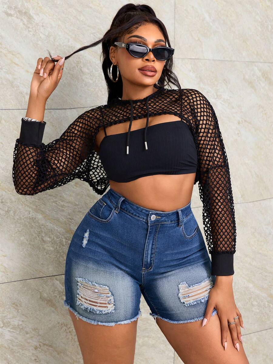 SHEIN SXY Grote maat dameszakken met versleten, ruwe zoom casual denim shorts