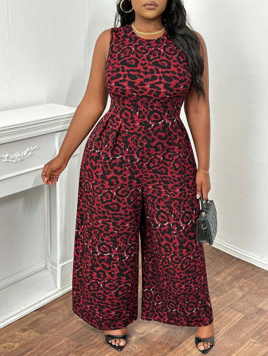 Slaydiva Plus Size Dzianinowy kombinezon z zabudowanym dekoltem, bez rękawów i nadrukiem w panterkę oraz z szerokimi nogawkami