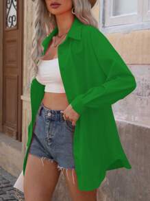 SHEIN LUNE Áo cánh dài tay rộng rãi, màu trơn trễ vai cho nữ, áo sơ mi nữ mùa xuân và mùa hè - màu xanh lá - Xem 6