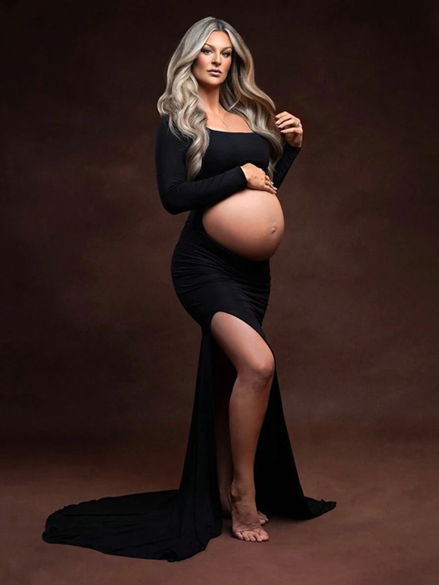 Vestido largo de manga larga para maternidad con espalda descubierta y abertura lateral, para sesión de fotos o baby shower - Negro - Ver 1