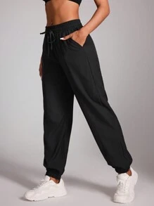 Powerista 素色腰部抽繩斜口袋運動褲 - 黑色 - 查看 4