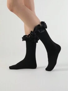 ROMWE Kawaii Women's Cute Comfortable Ruffle Lace Trim Mid-Calf Socks - Black - View 3