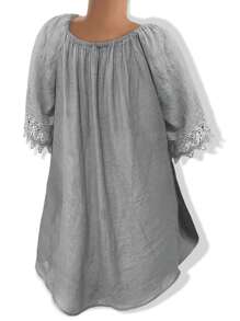 EMERY ROSE Women's Summer Solid Color Lace Splice Dolman Sleeve Casual Blouse,Short Sleeve Tops - Dusty Purple - View 2