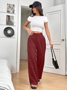 SHEIN EZwear Quần ống đứng sọc đỏ tía - Màu Đỏ Sâu - Xem 4