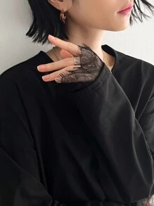 FRIFUL Camiseta holgada de manga larga para mujer de cuello redondo y unicolor de Primavera/Verano con borde de encaje, parte superior casual