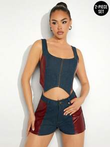 SHEIN Unity Mixed Fabric PU Panels Tank & Shorts Two Pieces Set - Multicolor - View 1