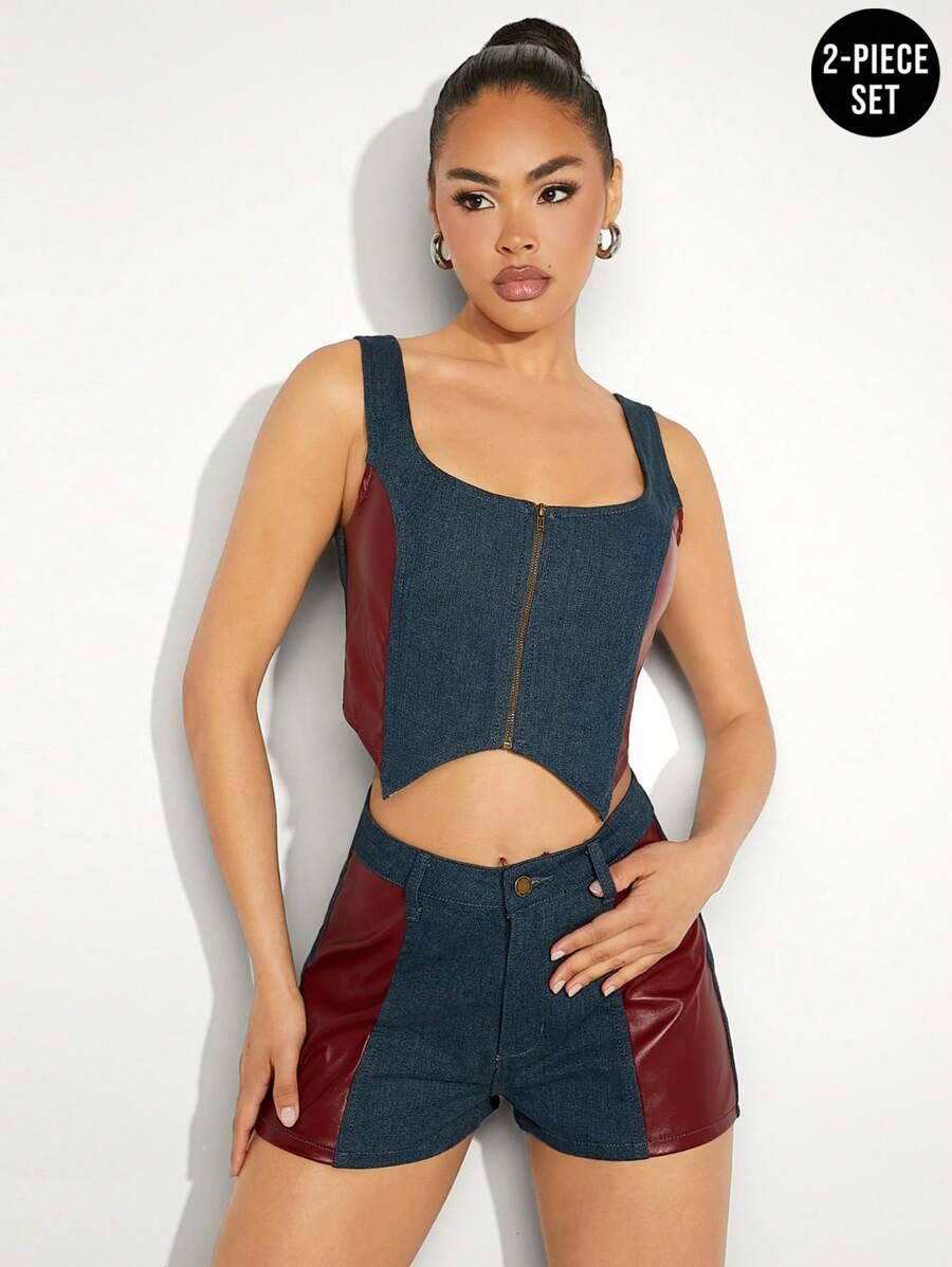 SHEIN Unity Mixed Fabric PU Panels Tank & Shorts Two Pieces Set - Multicolor - View 1