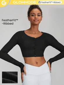 GLOWMODE FeatherFit™-Ribbed Long Sleeve Cardigan Daily Casual - Black - View 1