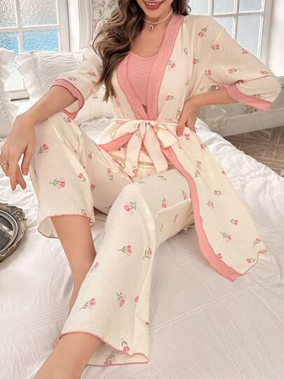 Women's Floral Print Bubble Crinkle Top And Pants Pajama Set