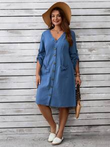 EMERY ROSE Plus Size Women's Solid Color Minimalist V-Neck Button Down Long Sleeve Midi Dress - Dusty Blue - View 4