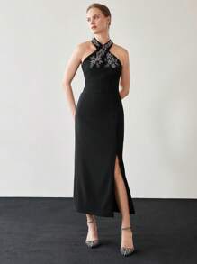 MOTF PREMIUM VÁY CỔ CỔ ĐÍNH HẠT Cườm RHINESTONE - màu đen - Xem 8