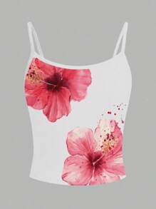 INAWLY Y2K Hibiscus Flowers Graphic Camisole Top - White - View 4
