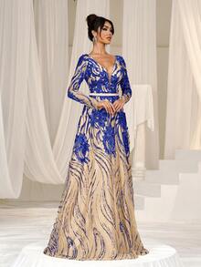 Faeriesty Deep V-Neck Backless Tie Sequin Formal Ball Gown - Royal Blue - View 6