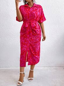 夏季大码休闲豹纹蝙蝠袖前扣衬衫裙