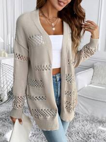 SHEIN LUNE Solid Color Hollow Out Casual Long Sleeve Cardigan - Beige - View 6