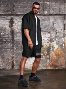 Manfinity LEGND Plus Size Men's Solid Color Simple Daily Short Sleeve Shirt And Printed Shorts Set,Halloween Clothes